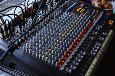 Professional audio studio sound mixer console board panel with recording , faders and adjusting knobs,TV equipment.