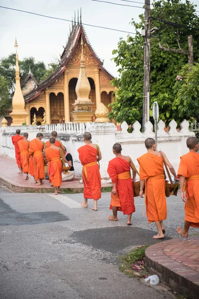 Монахи входят в Ват Сиенг Тхонг — стоковое фото