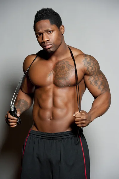 African American Body Builder with Jump Rope — Stock Photo, Image