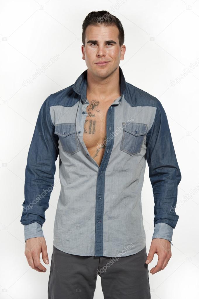 White Male in Jean Shirt and Gray Pants