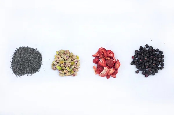 Poppy Seeds, Pistachios, Strawberries, Blueberries — ストック写真