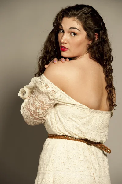 Gorgeous Young Brunette In A White Dress — Stock Photo, Image