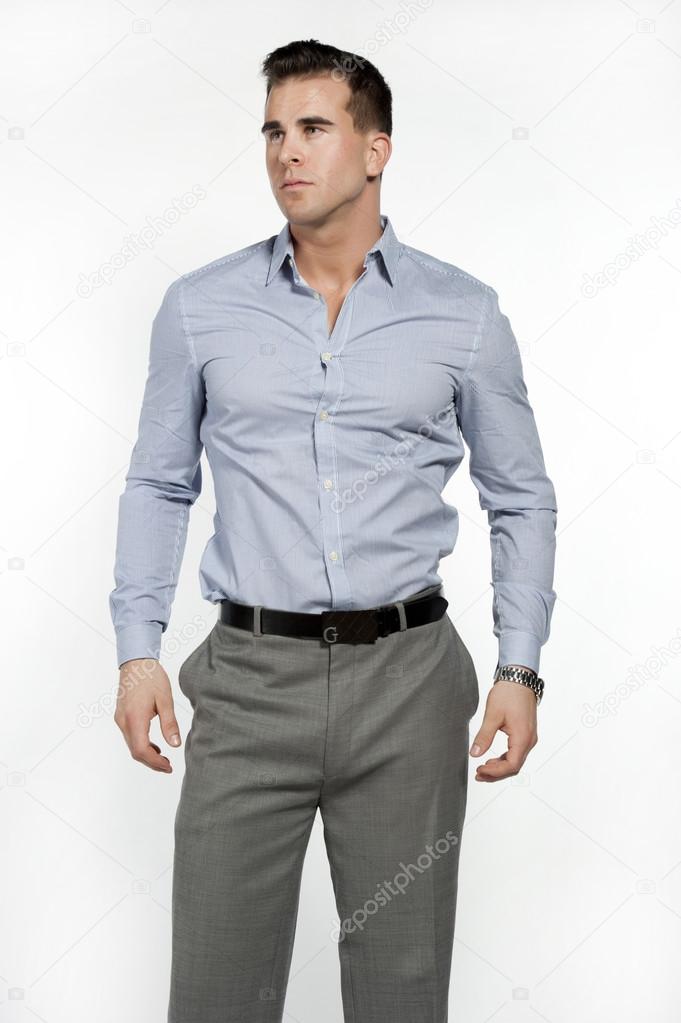 Fit Caucasian Male Model in Dress Shirt