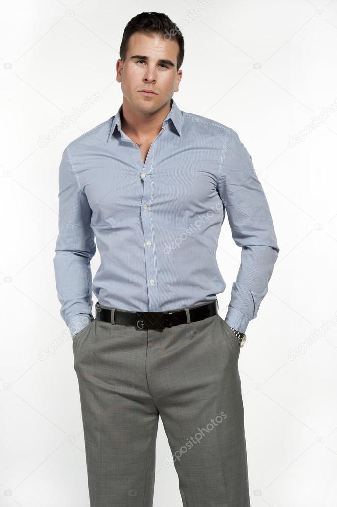 Fit Caucasian Male Model in Dress Shirt