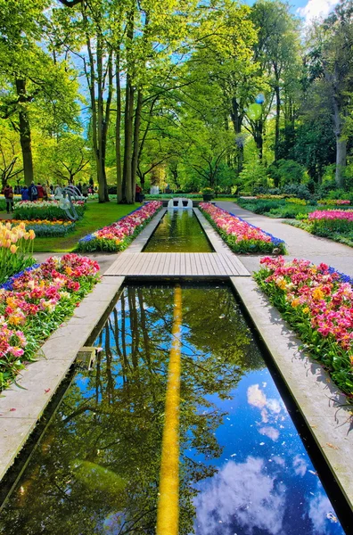 Woda ścieżka otoczonym przez kolorowe tulipany, parku Keukenhof, Lisse w Holandii — Zdjęcie stockowe