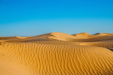Tunus çöl manzara mavi gökyüzü ile. Dunes arka plan.