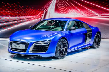 MOSCOW, RUSSIA - AUG 2012: AUDI R8 V10 PLUS presented as world premiere at the 16th MIAS (Moscow International Automobile Salon) on August 30, 2012 in Moscow, Russia clipart