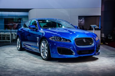 MOSCOW, RUSSIA - AUG 2012: JAGUAR XFR-S presented as world premiere at the 16th MIAS Moscow International Automobile Salon on August 30, 2012 in Moscow, Russia