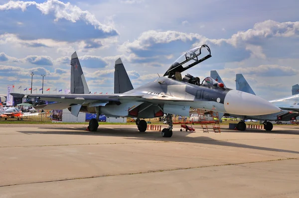MOSCOW, RUSSIA - AUG 2015: fighter aircraft Su-30 Flanker-C pres