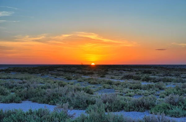 Wunderschöner sonnenuntergang am salzsee chott el djerid, sahara wüste, tu — Stockfoto