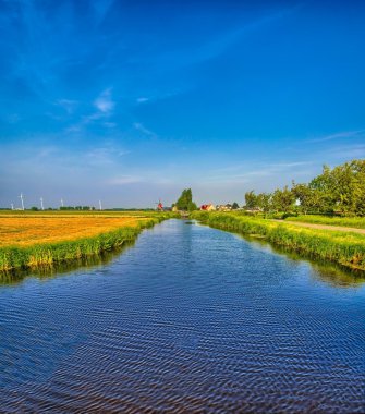 Bir kanal ve çim alanlar ile Hollandalı peyzaj