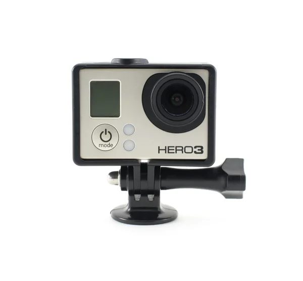 OSINNIKI, RUSSIA - 10 DICEMBRE 2014: GoPro HERO3 Black Edition isolato su sfondo bianco. GoPro è un marchio di fotocamere personali ad alta definizione, spesso utilizzate nella fotografia video di azione estrema . — Foto Stock