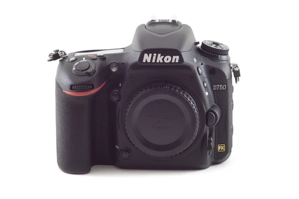 OSINNIKI, RUSSIA - DECEMBER 07, 2014: Nikon D750 camera body, the first digital SLR camera FX in Nikon's history  with swivel screen and WI-FI — Stock Photo, Image