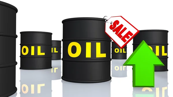 Barelů ropy značky a zelená šipka směřující nahoru — Stock fotografie