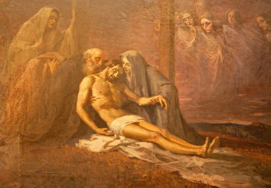 MILAN, ITALY - SEPTEMBER 17, 2011: The paint of Deposition of the cross in Saint Mark church by unknown artist of 19. cent. clipart