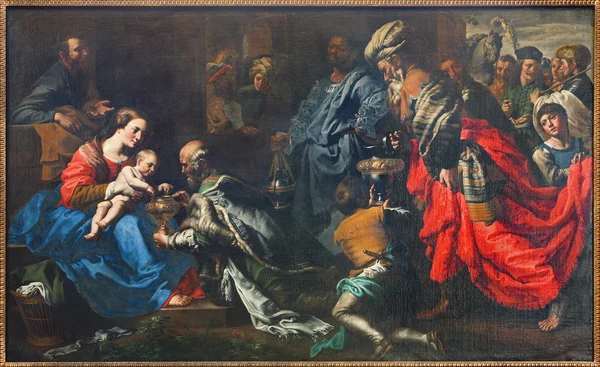 BRUXELAS, BÉLGICA - JUNHO 21, 2012: Adoração dos Magos pelo pintor Theodor van Loon de 17. cent. na igreja de São Nicolau . — Fotografia de Stock