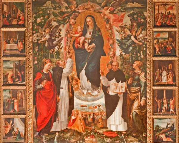 PALERMO, ITALIA - 8 APRILE 2013: Pittura rinascimentale della Madonna (1540) di Vincenzo degli Azani con i santi Domenico, Cristina, Vincenzo Ferreri, Tommaso d'Aquino e S. Ninfa nella chiesa di S. Domenico . — Foto Stock