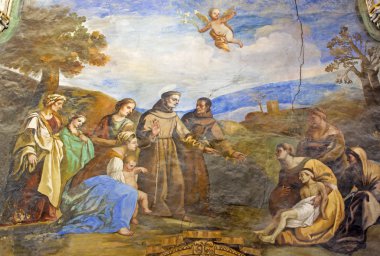 GRANADA, SPAIN - MAY 29, 2015: The fresco of scene as St. Anthony of Padua reattaches the young man's foot in the church Monasterio de San Jeronimo by Juan de Medina from 18.cent.