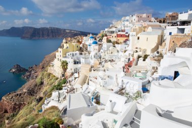 Santorini, Yunanistan - 5 Ekim 2015: Oia ve Therasia ada içinde belgili tanımlık geçmiş.