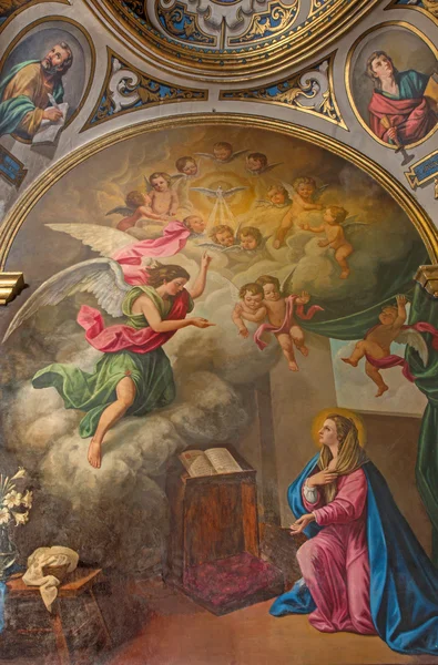 SEVILLE, SPAIN - OCTOBER 28, 2014: The neo - baroque paint of Annunciation in church Capilla Santa Maria de los Angeles by Rafael Rodriguez Hernandez from 20 cent. — Stock Photo, Image