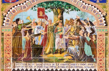 SEVILLE, SPAIN - OCTOBER 28, 2014: The Logrono as one of The tiled 'Province Alcoves' along the walls of the Plaza de Espana (1920s) realized by Domingo Prida. clipart