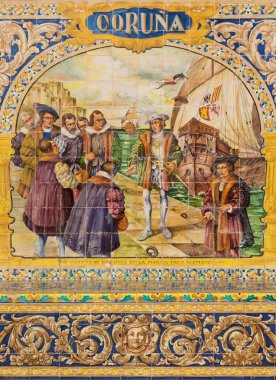 Sevilla, İspanya - 27 Ekim 2014: Coruna kiremitli 'il girinti' duvarlar boyunca Plaza de Espana, biri olarak (1920'lerde) tarafından Domingo Prida.