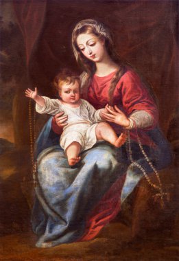 Granada, İspanya - 31 Mayıs 2015: 18 yaşında bilinmeyen bir sanatçı tarafından Manastır manastırında Madonna (Tespihbakire) resmi. Cent.