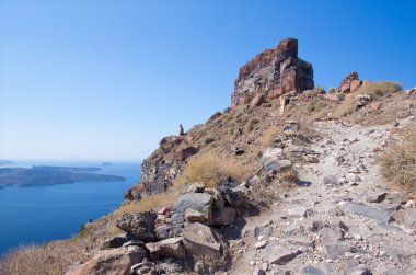 Santorini - Backgroud Nea Kameni adası ile Skaros kale bakmak.