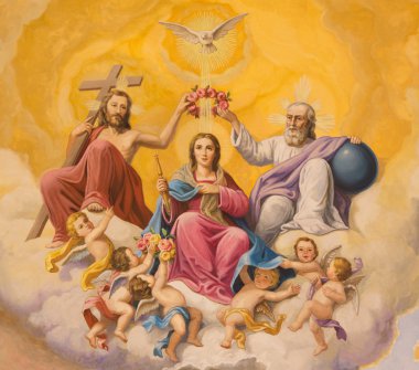 Sevilla, İspanya - 29 Ekim 2014: Fresk Meryem Ana taç giyme töreni, neobaroque tarzı Basilica de la Macarena Rafael Rodrguez (1949) tarafından kilisede papaz tavanda. 