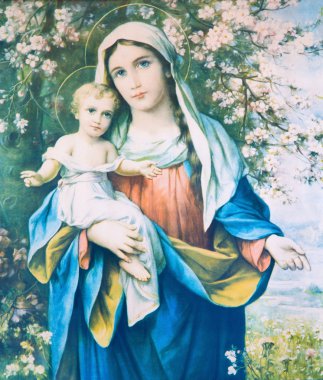 Sebechleby, Slovakya - 27 Şubat 2016: Madonna çiçeklerde çocukla birlikte. 20 başından itibaren tipik Katolik görüntü. Cent. bilinmeyen sanatçı tarafından originaly.