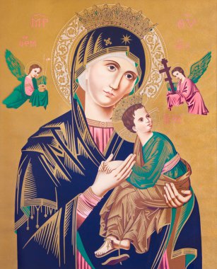 Sebechleby, Slovakya - 26 Şubat 2016: Madonna'nın çocuklu tipik Katolik resmi (Our Lady of Perpetual Help) 19'un sonundan itibaren Almanya'da basıldı. Cent. aslında bilinmeyen ressam tarafından.