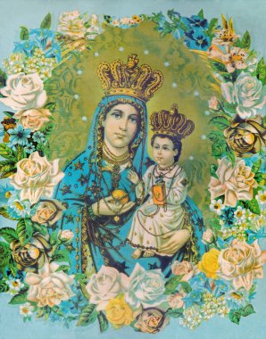 Sebechleby, Slovakya - 27 Şubat 2016: Madonna çiçeklerde çocukla birlikte. Tipik Katolik görüntü 19 sonundan itibaren Almanya'da basılmış. Cent. bilinmeyen sanatçı tarafından originaly.