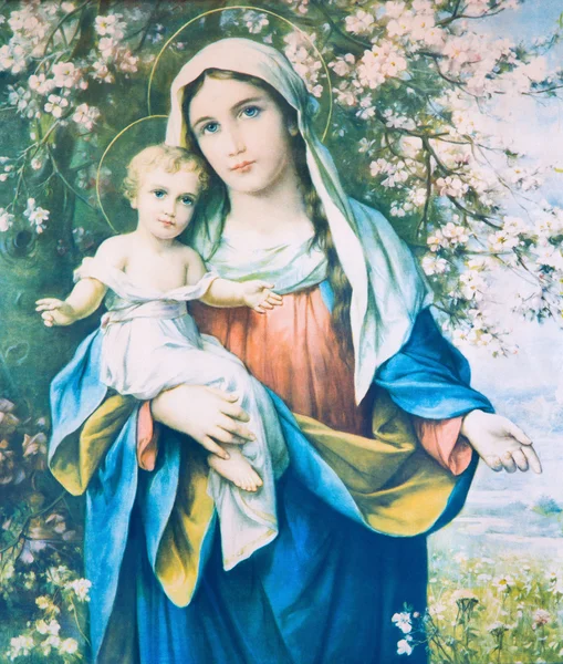 Sebechleby, Słowacja-27 lutego 2016: Madonna z dzieckiem w kwiatach. Typowy katolicki wizerunek od początku 20. Cent. oryginaly przez nieznany artysta. — Zdjęcie stockowe