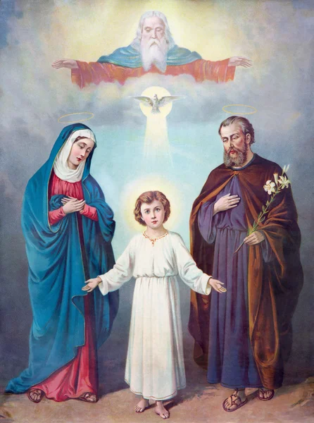 Sebechleby, Słowacja-27 lutego 2016: typowy katolicki wizerunek Świętej rodziny i Trójcy (w moim własnym domu) od końca 19. Cent. drukowane w Niemczech pierwotnie przez nieznanego malarza. — Zdjęcie stockowe