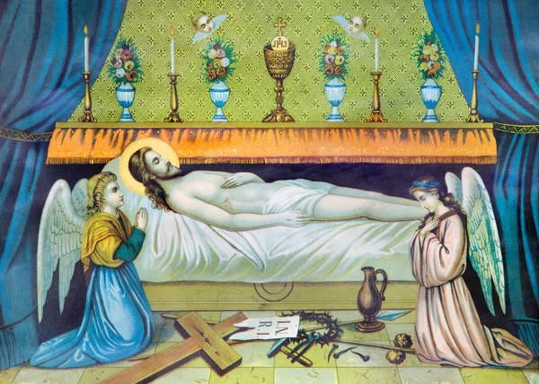 SEBECHLEBY, ESLOVAQUIA - 27 DE FEBRERO DE 2016: Imagen típica católica de Jesucristo en la tumba impresa en Alemania desde finales del siglo XIX. originalmente por pintor desconocido . — Foto de Stock