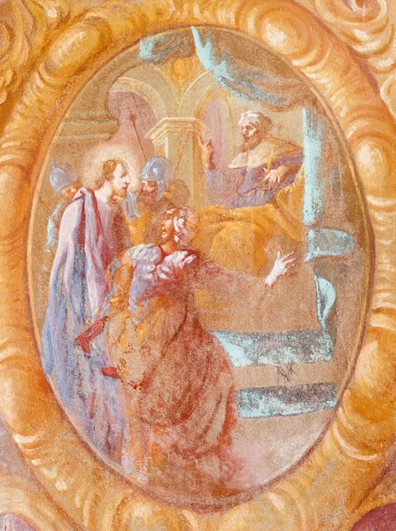 BANSKA STIAVNICA, SLOVACCHIA - 20 FEBBRAIO 2015: L'affresco di Gesù prima di Caifa nella chiesa centrale del calvario barocco di Anton Schmidt degli anni 1745 . — Foto Stock