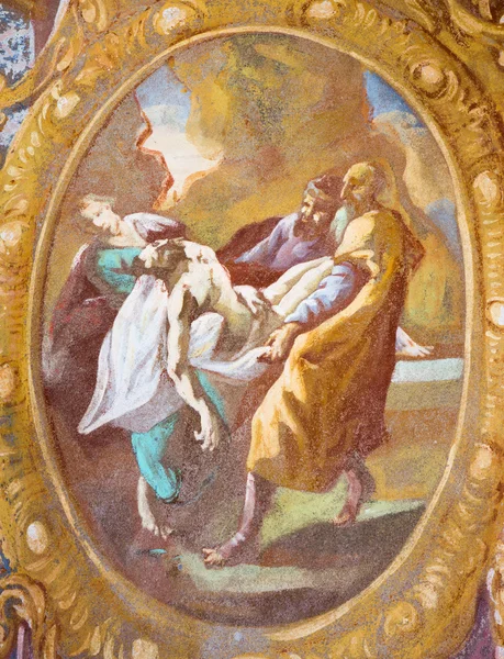 Banska Stiavnica, Slovakien-20 februari 2015: Jesus läggs i graven Fresco i mellersta kyrkan av barock Golgata av Anton Schmidt från år 1745. — Stockfoto