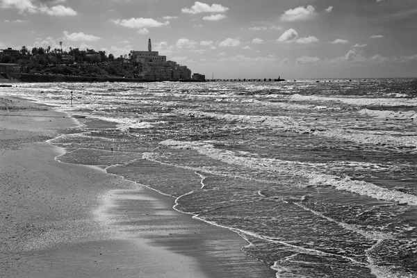 The beach of Tel Aviv and Jaffa in the backgroud — Stock Photo, Image