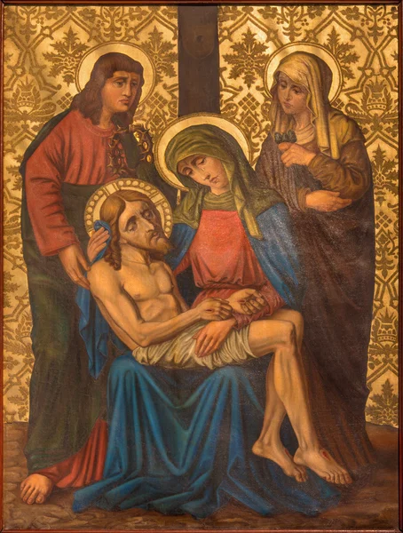 JERUSALEM, ISRAEL - MARCH 4, 2015: The Pieta (Deposition) paint from end of 19. cent. by unknown artist as part of cross way cycle in Armenian Church Of Our Lady Of The Spasm. — Stock Photo, Image