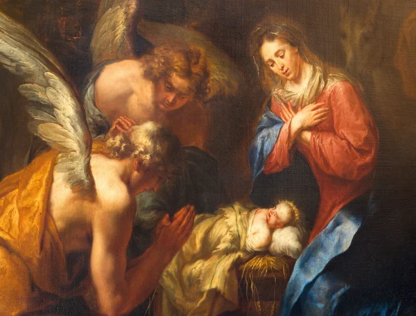 ANTWERP, BÉLGICA - 5 DE SEPTIEMBRE DE 2013: Detalle de pintura de Natividad de Kasper van Opstal (1660 - 1714) en la iglesia de San Carlos Borromeo . —  Fotos de Stock