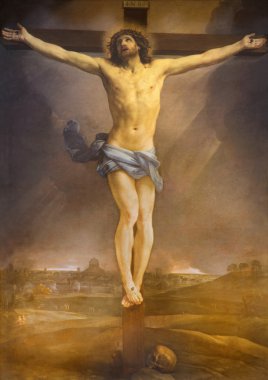 Roma, İtalya - 25 Mart 2015: Lucina'daki Chiesa di San Lorenzo kilisesinin yüksek alar'ında Guido Reni (1640) tarafından Çarmıha gerilmenin sunak parçası.