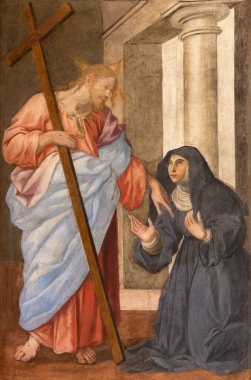 Roma, İtalya - 27 Mart 2015: St. Clara, 18 mart 2015'te bilinmeyen bir sanatçı tarafından Mesih fresklerinden önce. Cent. in Basilica di Sant Agostino (Augustine)).