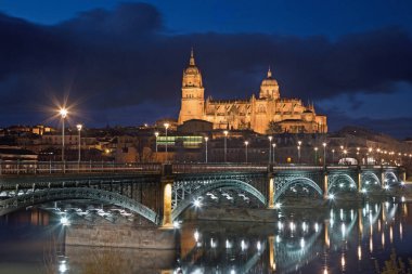 Salamanca - Katedral ve köprü Puente Enrique Estevan Avda ve Rio Tormes nehri alacakaranlıkta