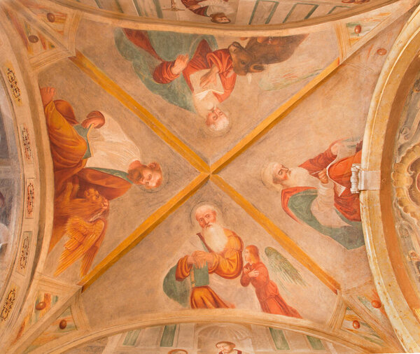 BRESCIA, ITALY - MAY 22, 2016: The ceiling fresco of Four Evangelists in Chiesa di San Pietro in Olvieto (St. Barbara chapel) by Paolo da Caylina il Giovane (1485 - 1545).