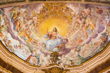 ROME, ITALY - 11 Mart 2016: Niccolo Circignani Il Pomarancio 'nun İlahi Ev Sahibi İsa' nın freski (1588) kilisenin ana uygulaması Basilica di Santi Giovanni e Paolo.