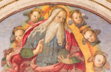 ROME, ITALY - 9 Mart 2016: Baba Fresk Aiuto del Pinturicchio (1489 - 1491) tarafından Basso della Rovere Kilisesi Basilica di Santa Maria del Popolo Kilisesi 'nde kutsanmıştır..