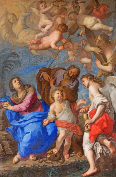 ROME, ITALY - 9 Mart 2016: Bernardino Mei 'nin (1659) kilise Bazilikası di Santa Maria del Popolo' nun transeptinde tutku sembolleri ve melekleriyle Kutsal Aile.