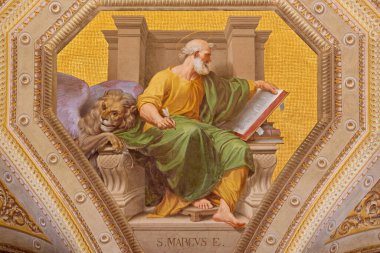 ROME, ITALY - 9 Mart 2016: Evangelist St. Mark 'ın Aquiro' daki Chiesa di Santa Maria kilisesindeki freski (1826 - 1901) Cesare Mariani tarafından neo-mannerist tarzda.