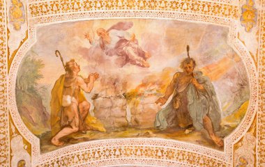 ROME, ITALY - 11 Mart 2016: V. Salimbeni 'nin Habil ve Kabil kurbanları (1568 - 1613) ve B. Croce (1558 - 1628). Palatio ad Sanctorum 'daki Chiesa di San Lorenzo kilisesindeki merdivenlerden Fresco..