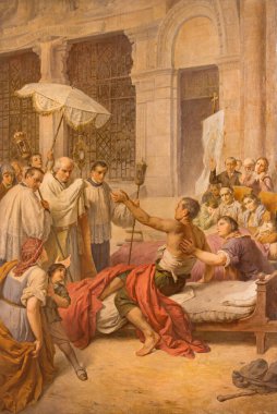 ROME, ITALY - 9 Mart 2016: Aurelio Mariani 'nin hasta bir insan freskinin iyileşmesi (1931) Aquiro' daki Chiesa di Santa Maria kilisesindeki Lourden Hanımefendisinin şapelinde.